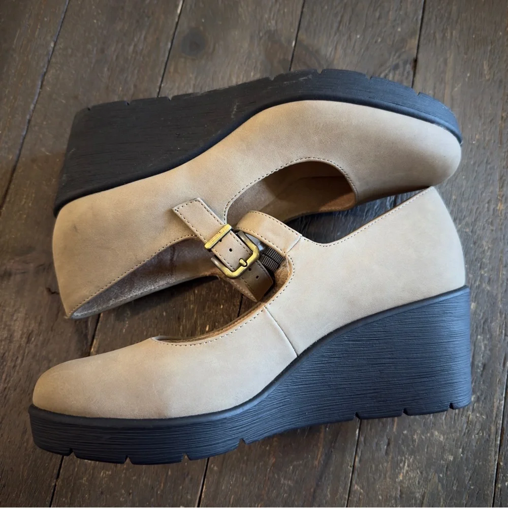 Adore Taupe Mary Jane Wedges with Black Platform